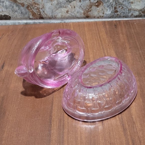 VTG Pink Purple Easter Bunny Rabbit Glass Covered Trinket Oval Candy Dish Transl - Picture 5 of 13